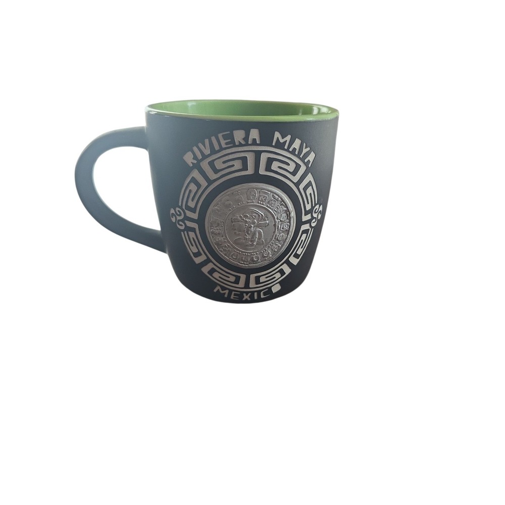 Rivera Maya‎ Mexico Etched Black Green White  Ceramic Coffee Cup Mug